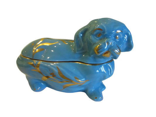 Papillon Blue Porcelain Lidded Dog Container Signifies Limoges of France Peint A La Main 