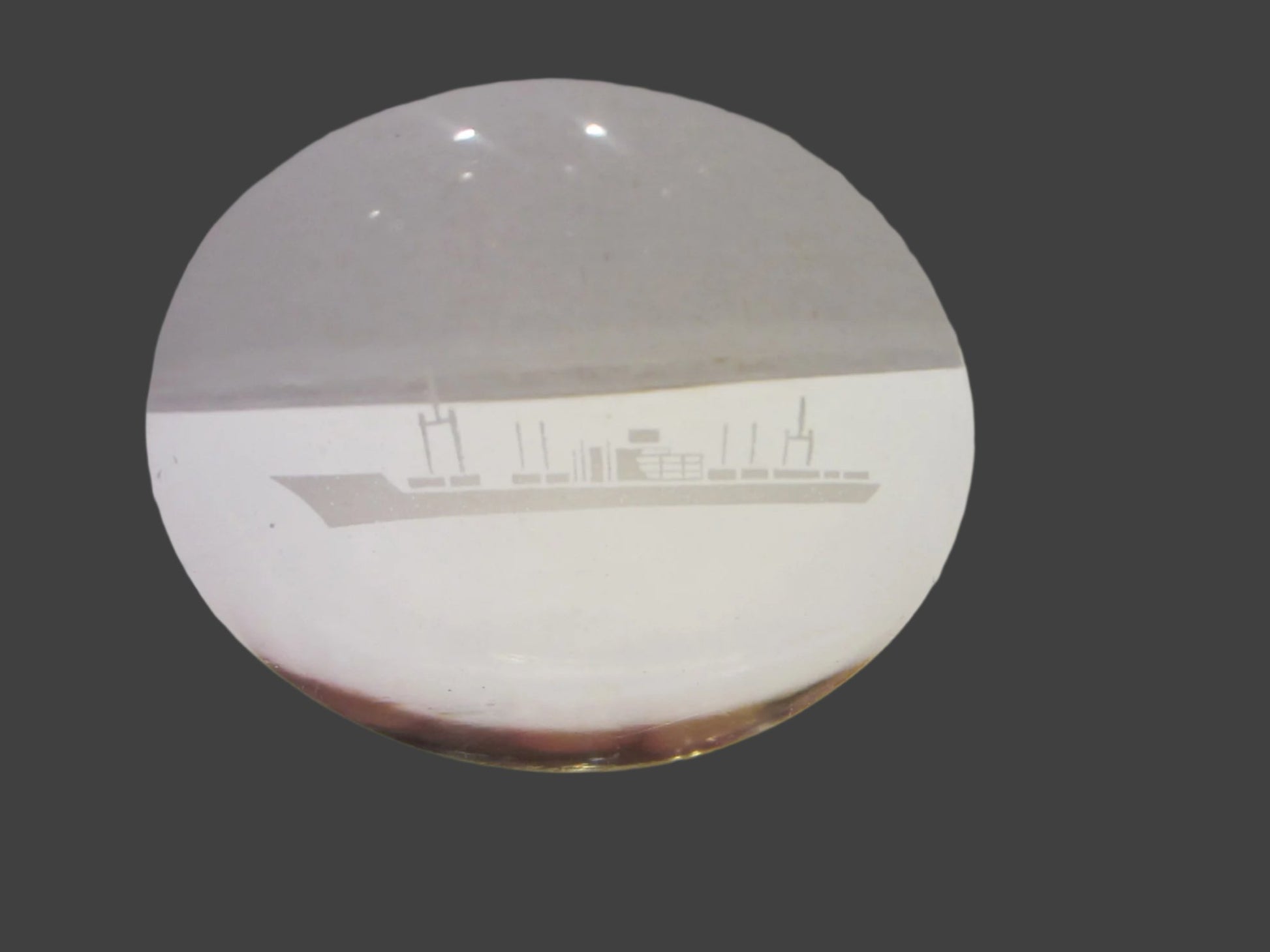 Folk Art Glass Bowl Steamship Etched Medallion - Designer Unique Finds 