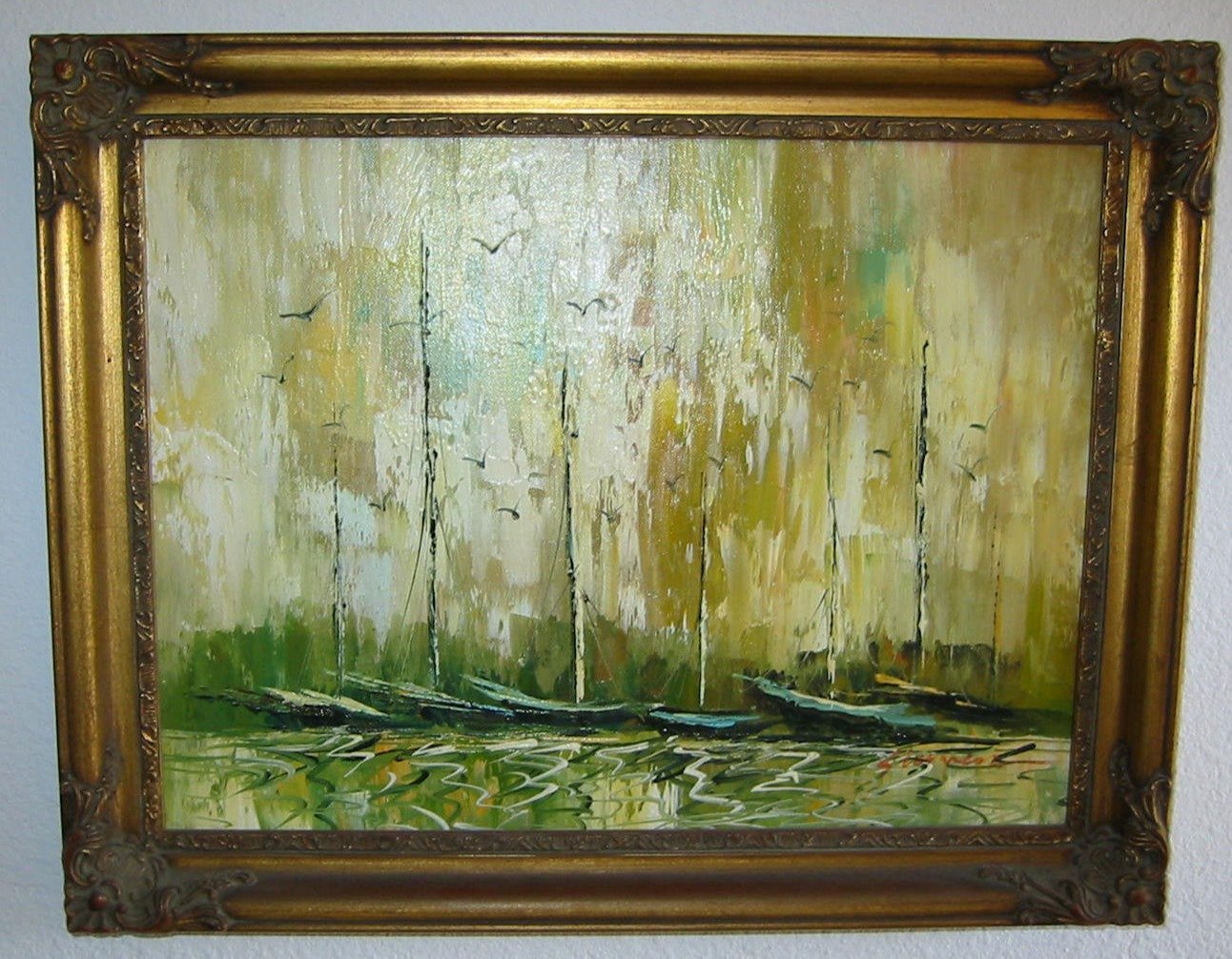 Impressionist Seascape Boats Signed Oil On Canvas - Designer Unique Finds 