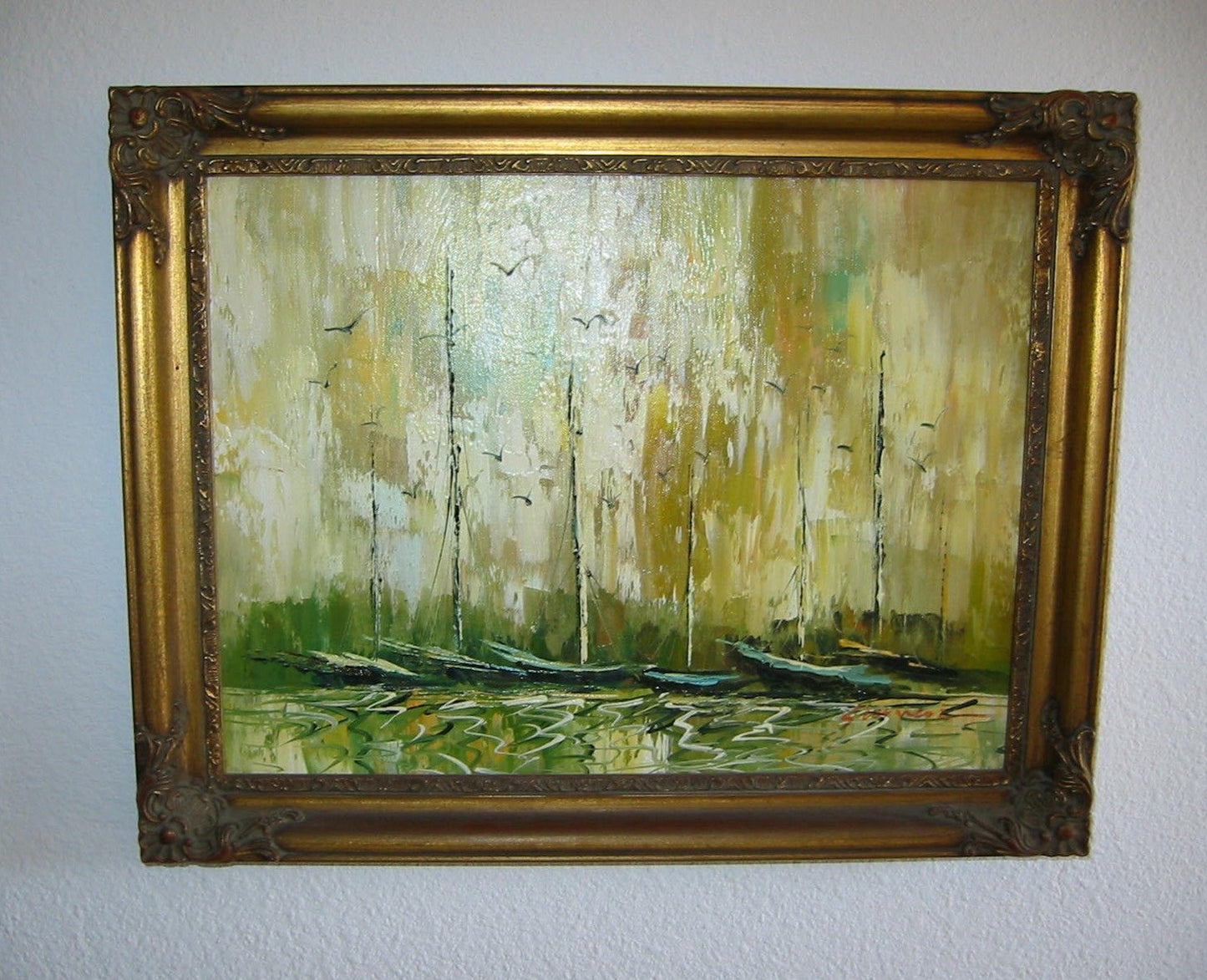 Impressionist Seascape Boats Signed Oil On Canvas - Designer Unique Finds 