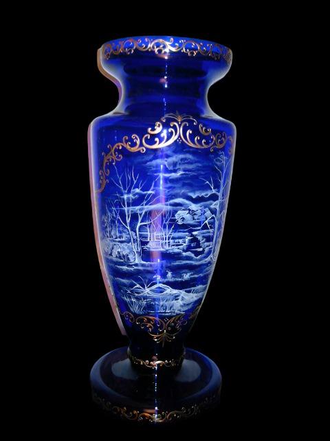 Snow Painted Cobalt Blue Glass Vase Gold Scrolled Relief Oriental Scene - Designer Unique Finds 