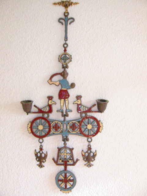 Hanging Chandelier Metal Candlle Holder Enameled Figure Birds Marked Greece - Designer Unique Finds 
 - 1