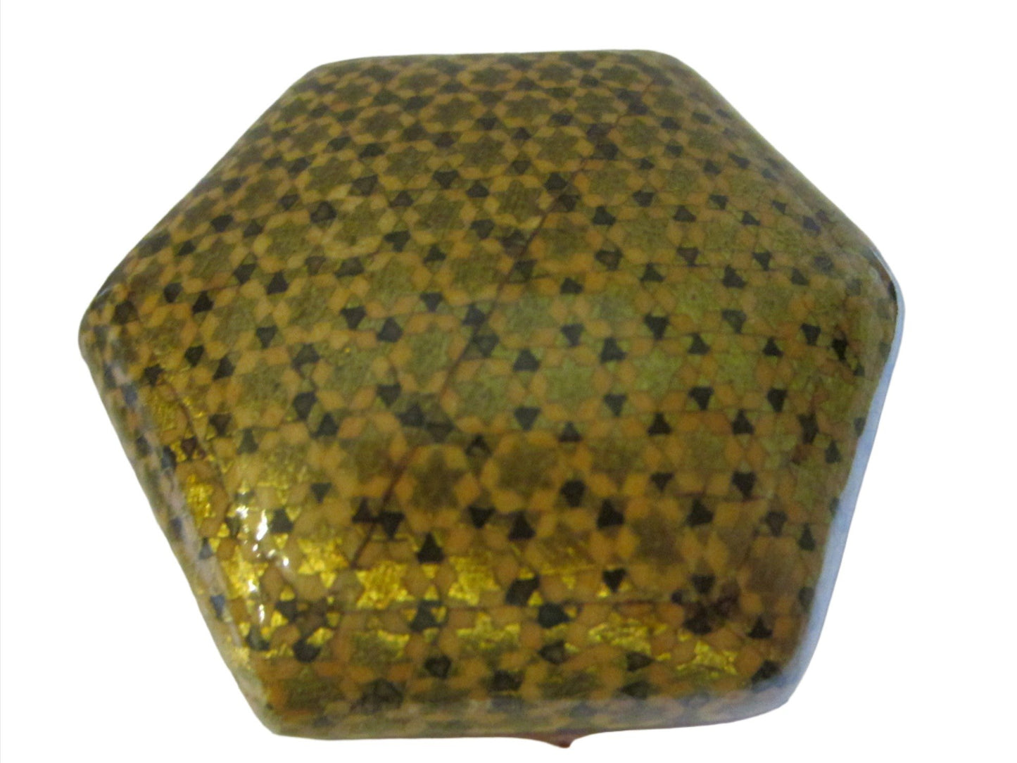 Miniature Khatamkari Hexagonal Inlaid Gilt Marquetry Jewelry Box - Designer Unique Finds 