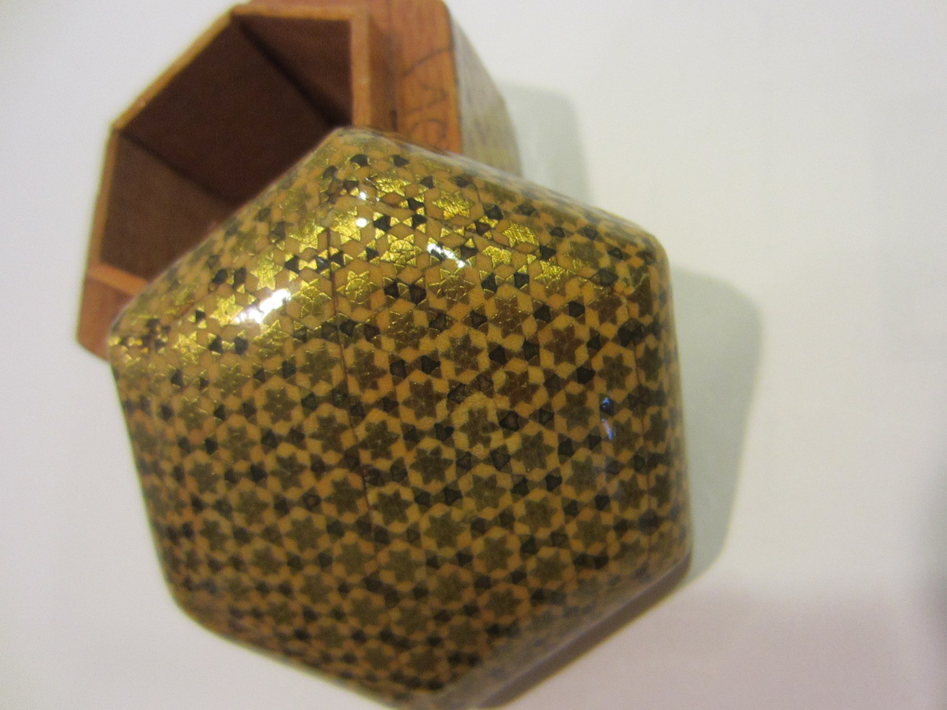 Miniature Khatamkari Hexagonal Inlaid Gilt Marquetry Jewelry Box - Designer Unique Finds 