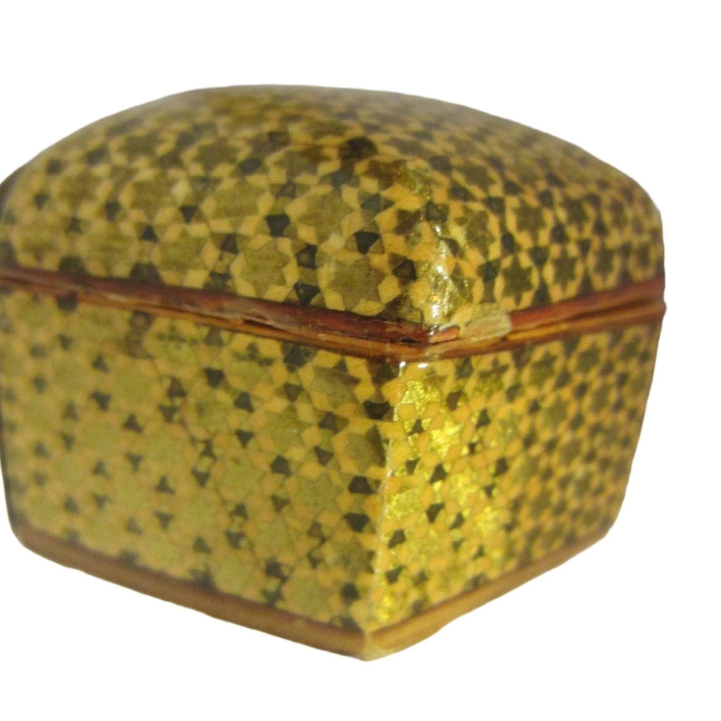 Miniature Khatamkari Hexagonal Inlaid Gilt Marquetry Jewelry Box - Designer Unique Finds 