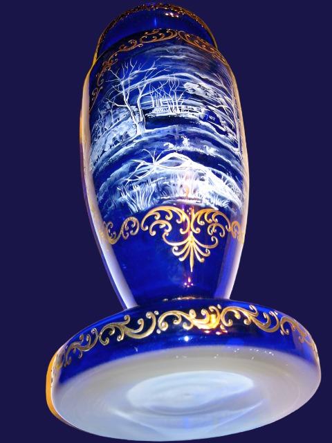 Snow Painted Cobalt Blue Glass Vase Gold Scrolled Relief Oriental Scene - Designer Unique Finds 