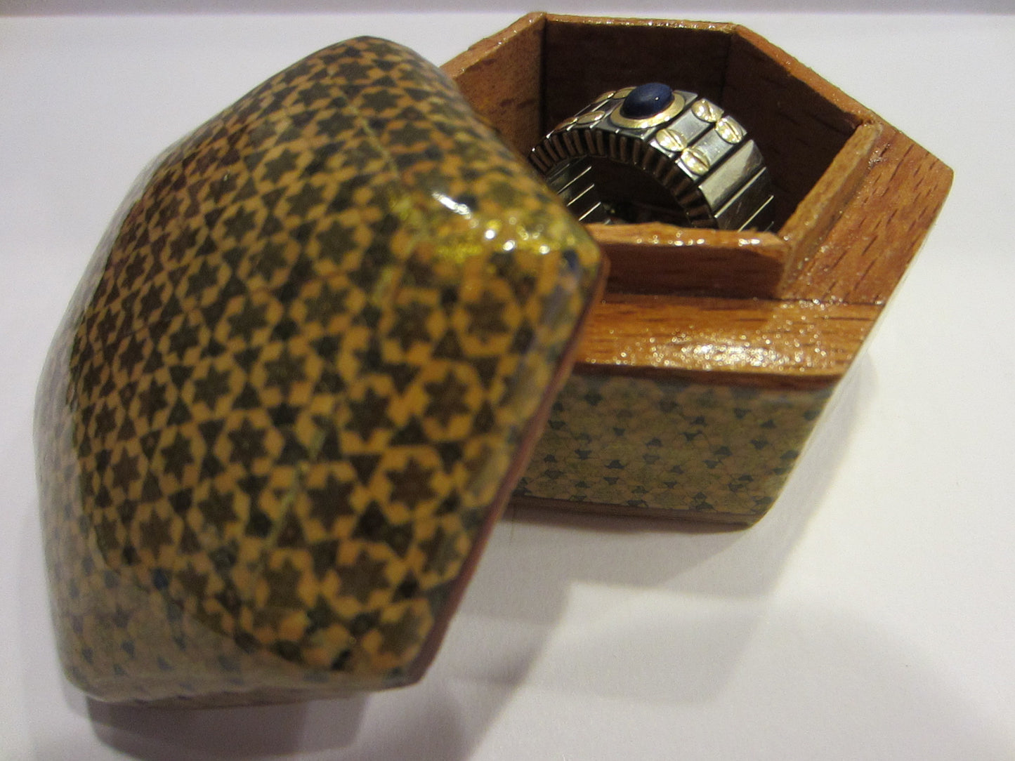 Miniature Khatamkari Hexagonal Inlaid Gilt Marquetry Jewelry Box - Designer Unique Finds 