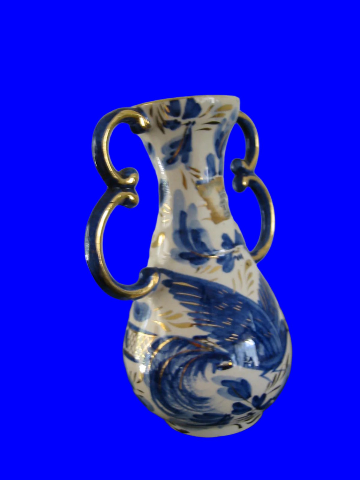 Belgium 321 Blue Ceramic Double Handle Tapered Neck Vase