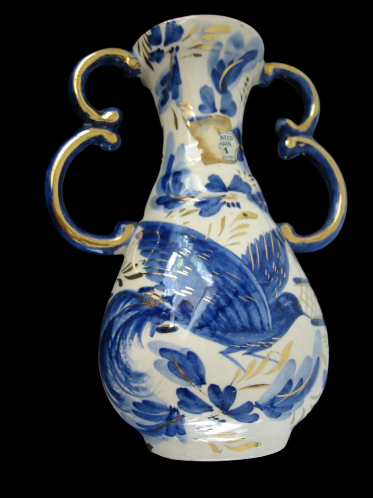 Ceramic Vase Gold Handles Blue Flowers Belgian Art Deco Tapered Neck - Designer Unique Finds 
 - 1