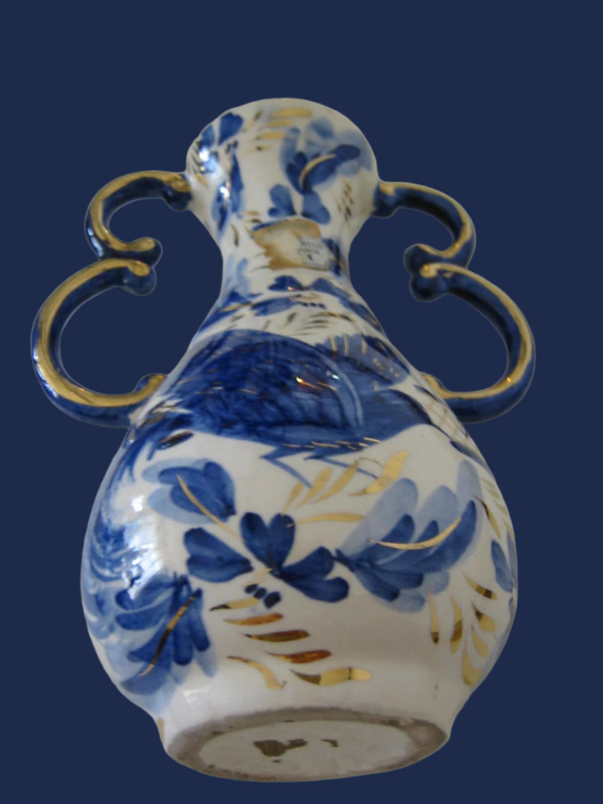 Ceramic Vase Gold Handles Blue Flowers Belgian Art Deco Tapered Neck - Designer Unique Finds 
 - 4