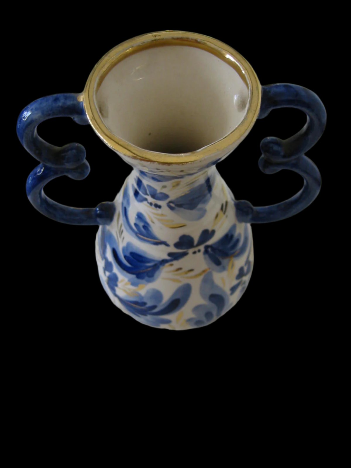 Ceramic Vase Gold Handles Blue Flowers Belgian Art Deco Tapered Neck - Designer Unique Finds 
 - 3