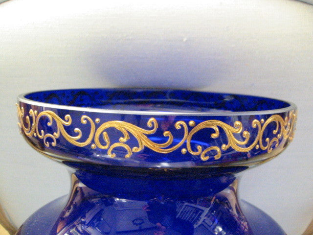 Snow Painted Cobalt Blue Glass Vase Gold Scrolled Relief Oriental Scene - Designer Unique Finds 