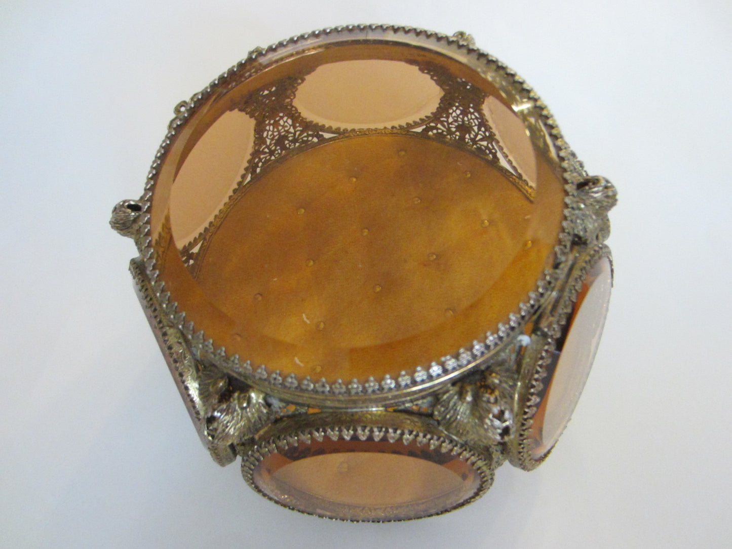 Ormolu Jewelry Box Amber Beveled Crystal Filigree Casket - Designer Unique Finds 