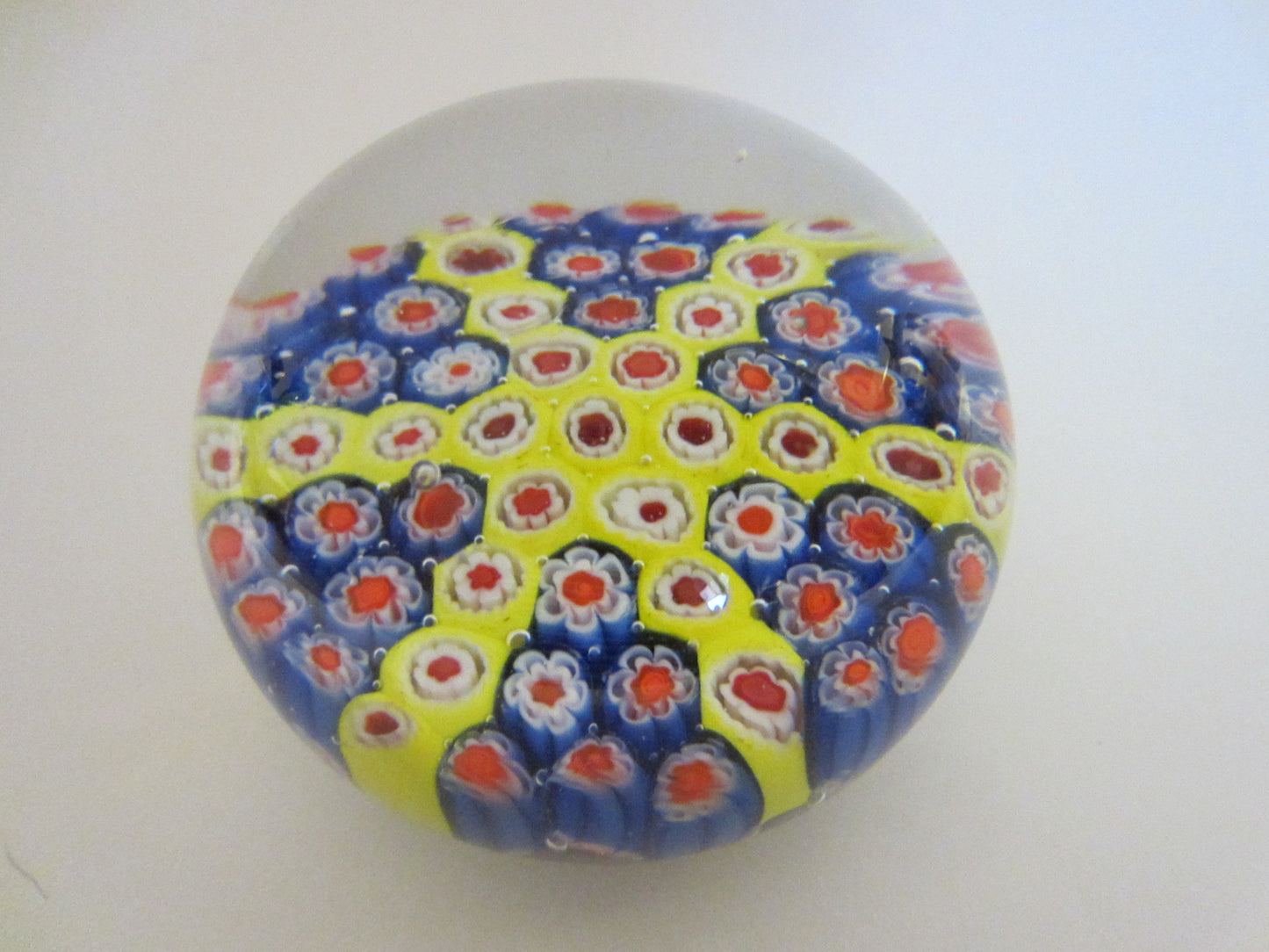 Murano Millefiori Glass Star Paperweight Red Blue Yellow Infusion