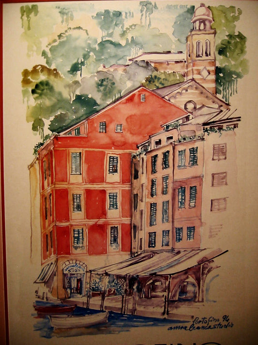 Portofino Anna Branca Studio Hand Colored Signed Dated - Designer Unique Finds 