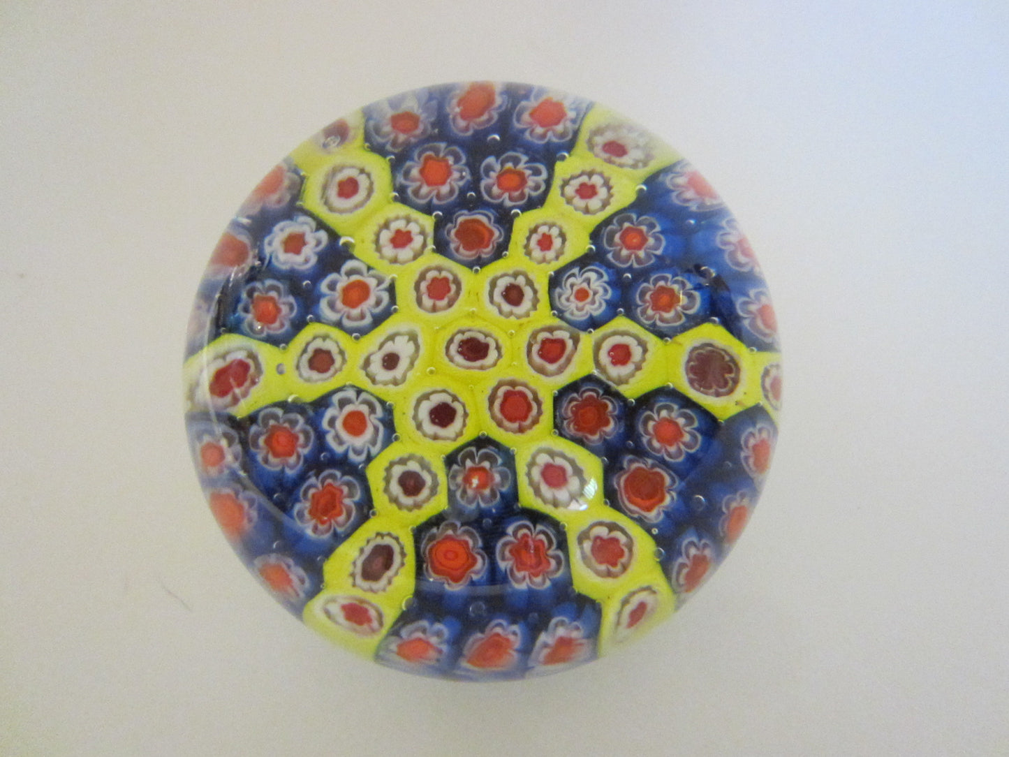 Murano Millefiori Glass Star Paperweight Red Blue Yellow Infusion