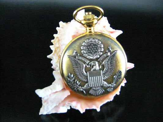 Majesti Swiss Skeleton Brass Pocket Watch Eagle Crest - Designer Unique Finds 