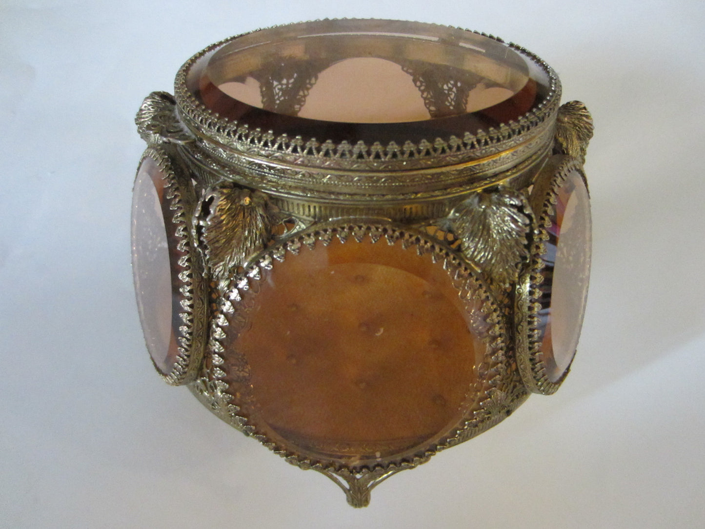 Ormolu Jewelry Box Amber Beveled Crystal Filigree Casket - Designer Unique Finds 