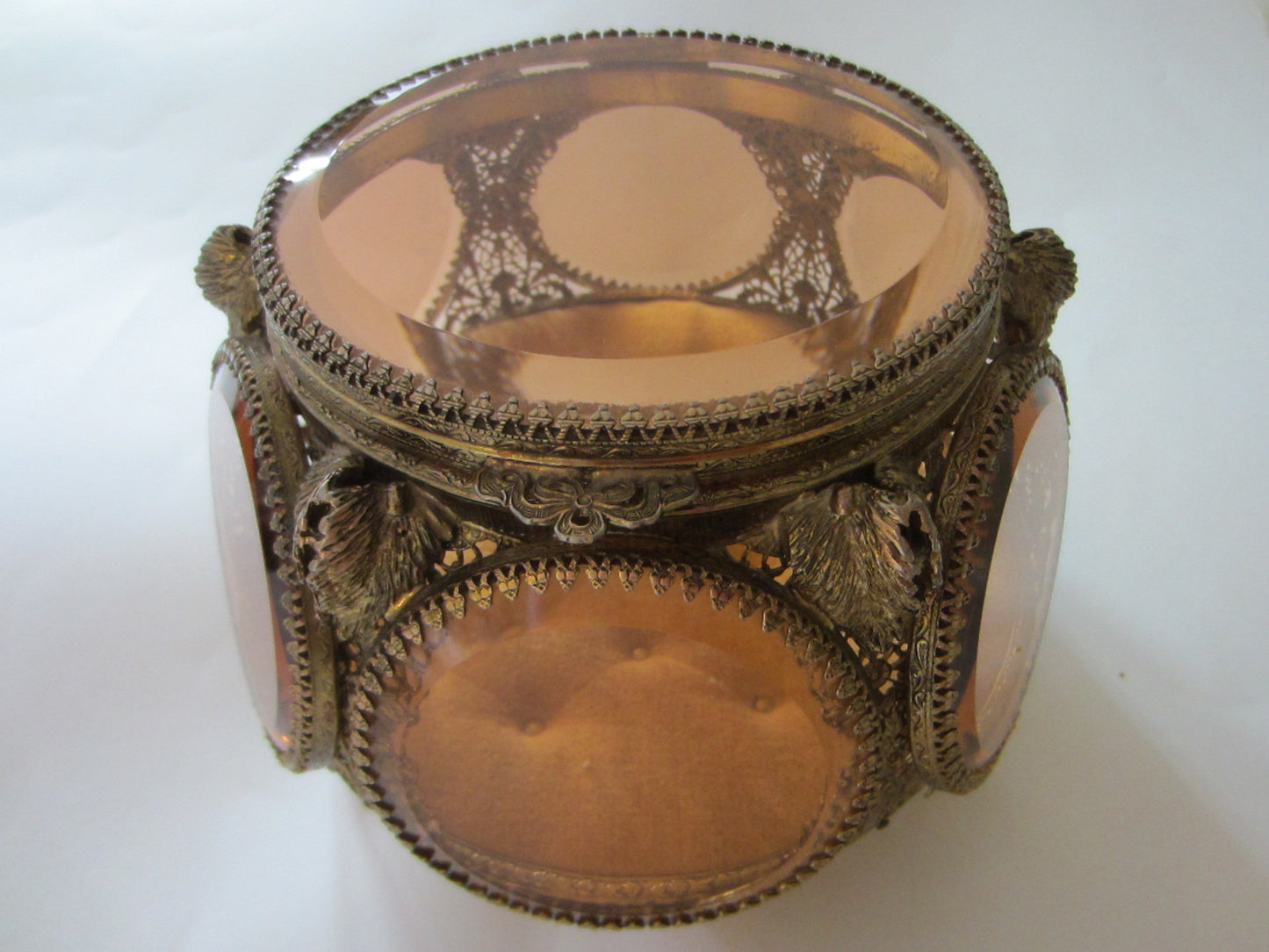 Ormolu Jewelry Box Amber Beveled Crystal Filigree Casket - Designer Unique Finds 