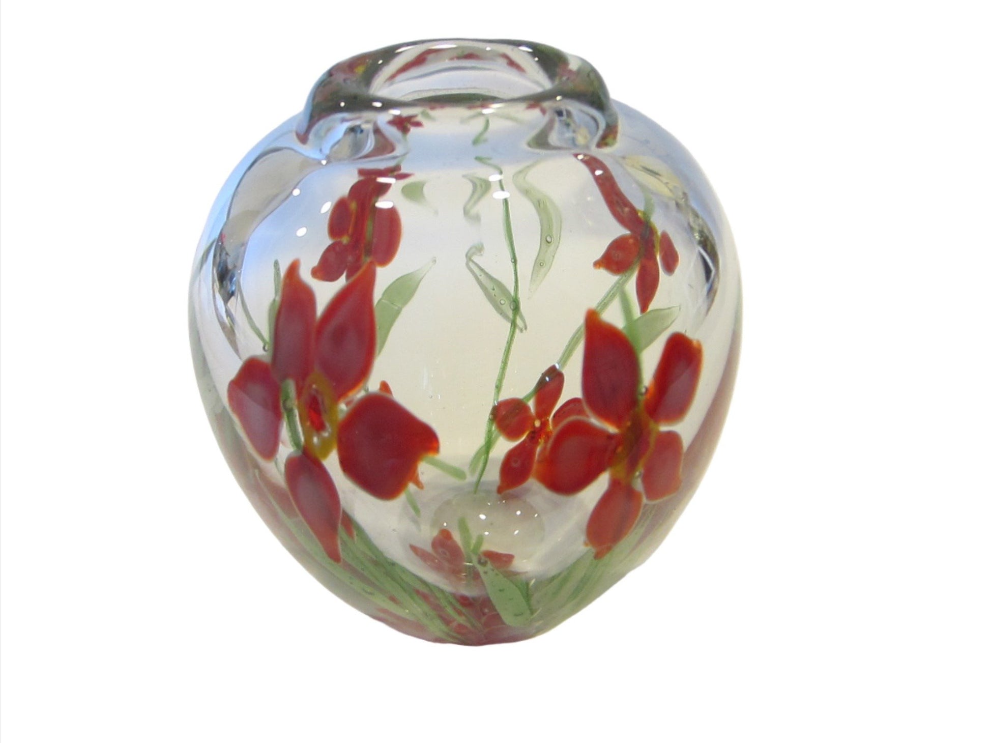 Blown Glass Blooming Flower Vase Hand Decorated Red Green Accent