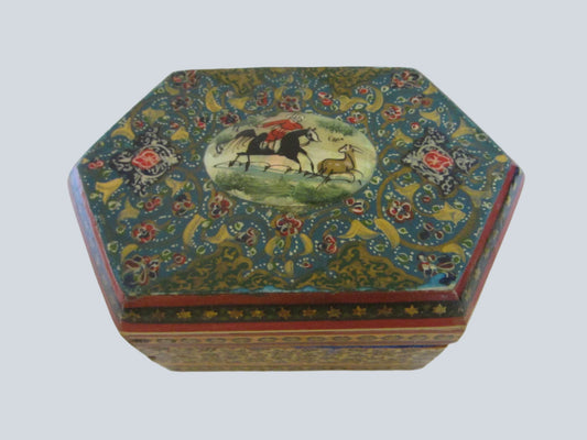 Khatamkari Equestrian Medallion Box Applied Abalone Gilt Marquetry - Designer Unique Finds 