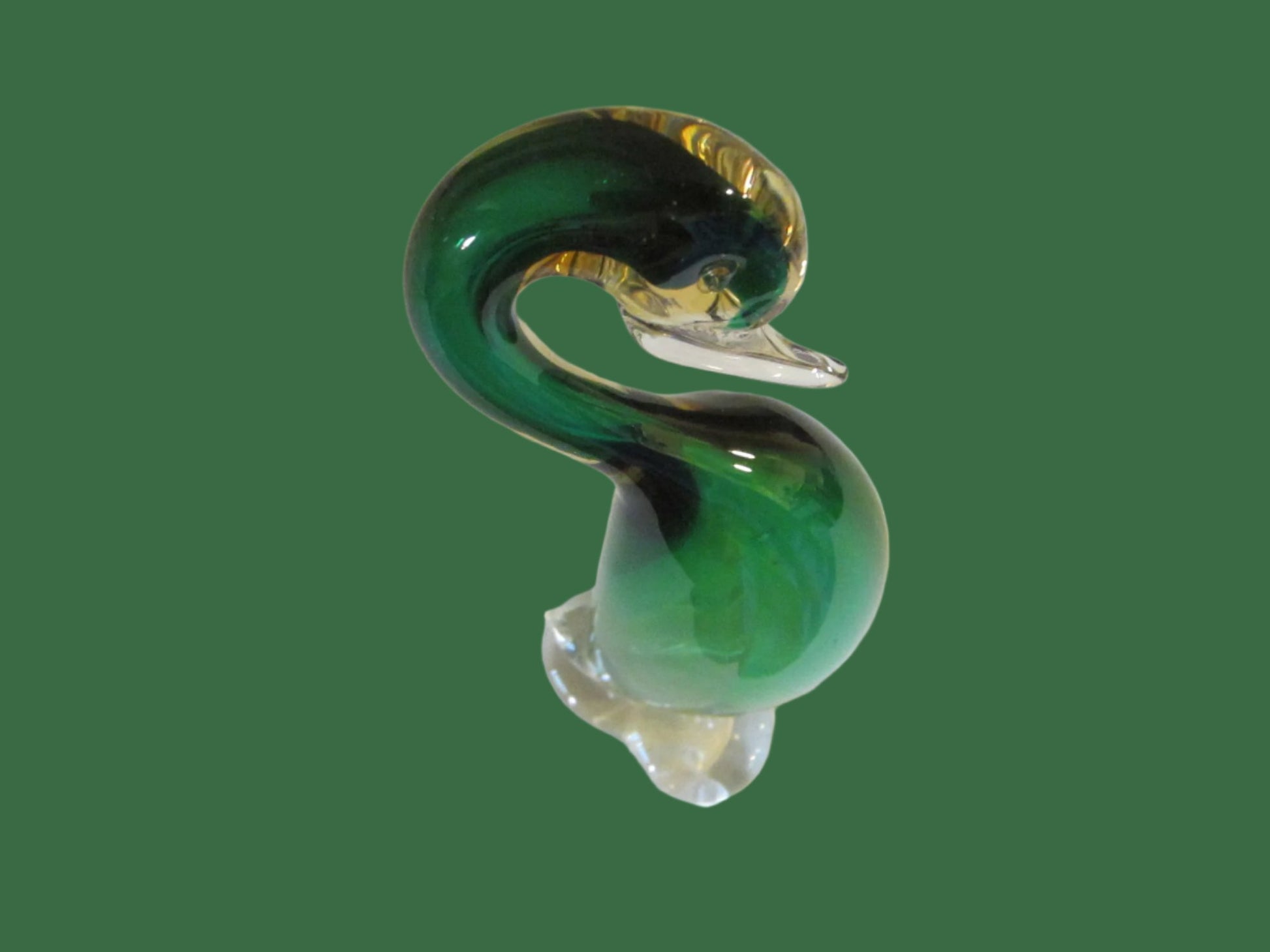 Murano Glass Goose Shady Green Decorated Clear Stand - Designer Unique Finds 