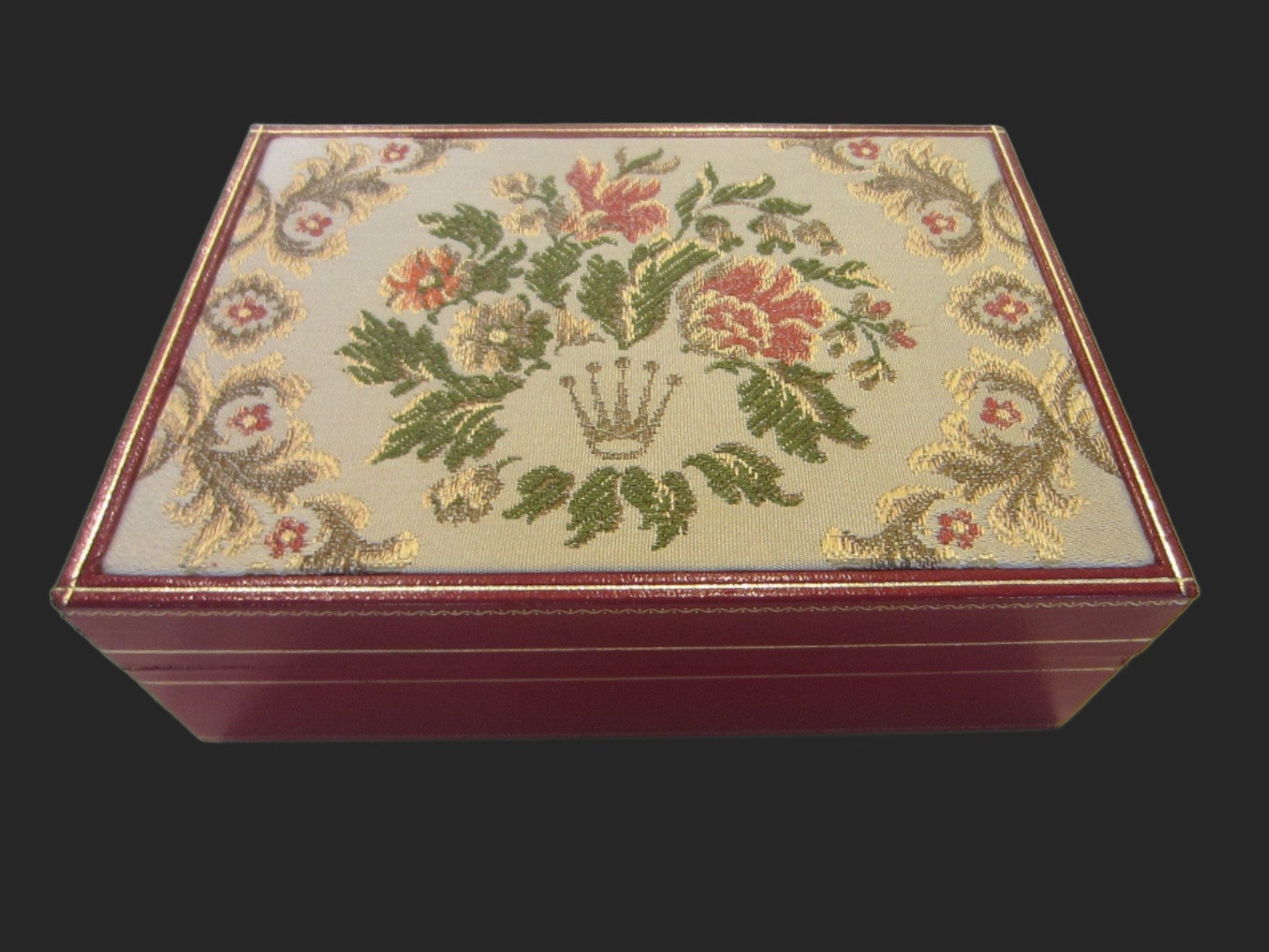 Rolex Swiss Jewelry Box Red Leather Floral Tapestry All Marked - Designer Unique Finds 