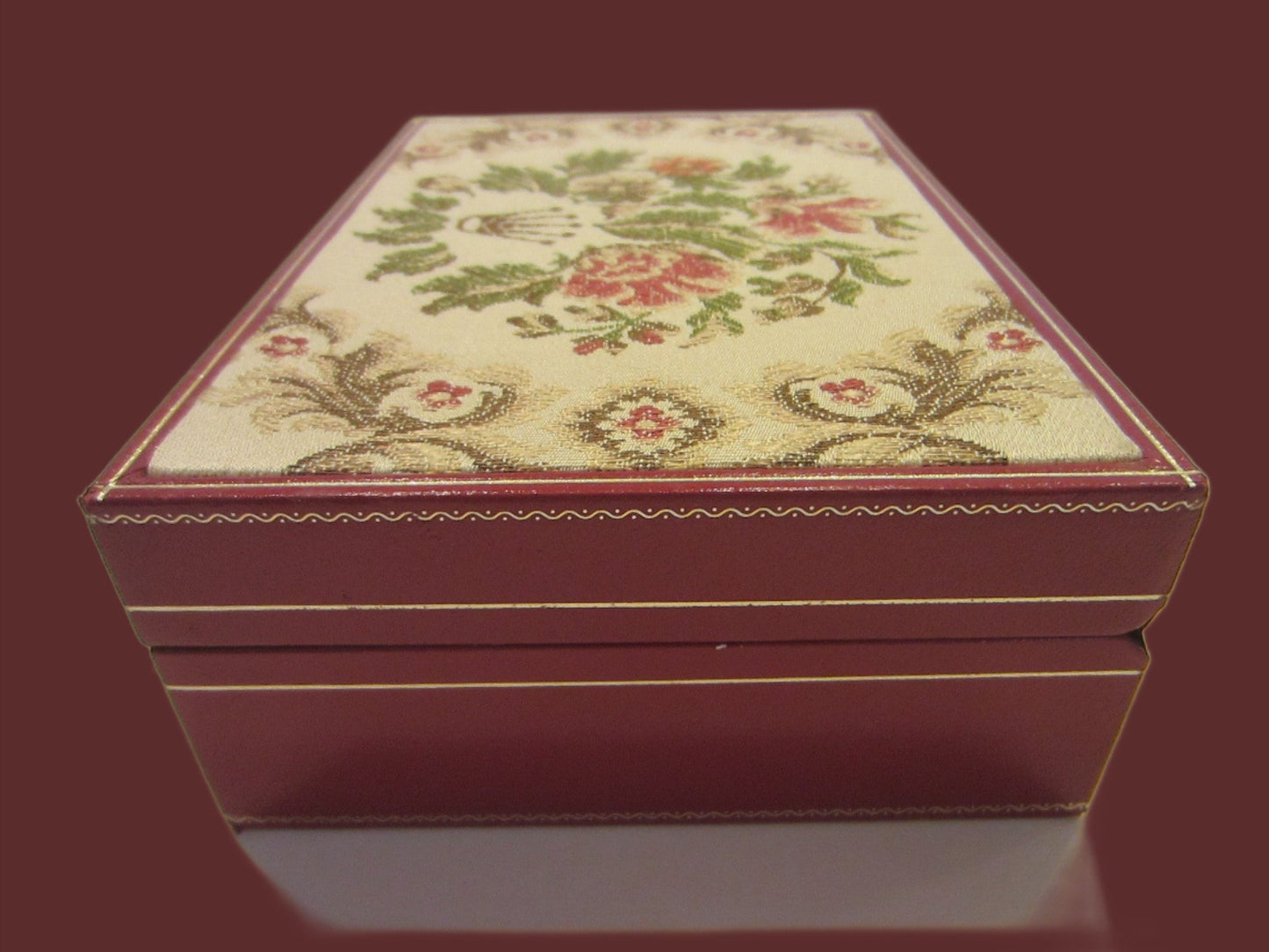 Rolex Swiss Jewelry Box Red Leather Floral Tapestry All Marked - Designer Unique Finds 