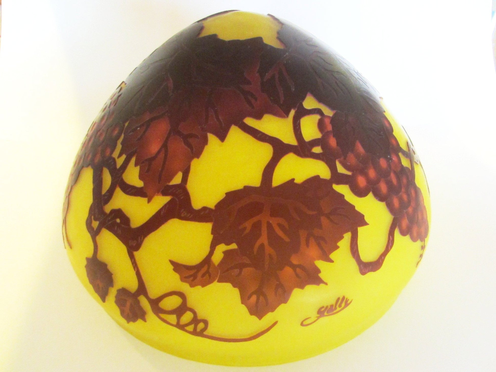 Galle Style Cameo Glass Yellow Lamp Shade Raised Burgundy Grapes - Designer Unique Finds 