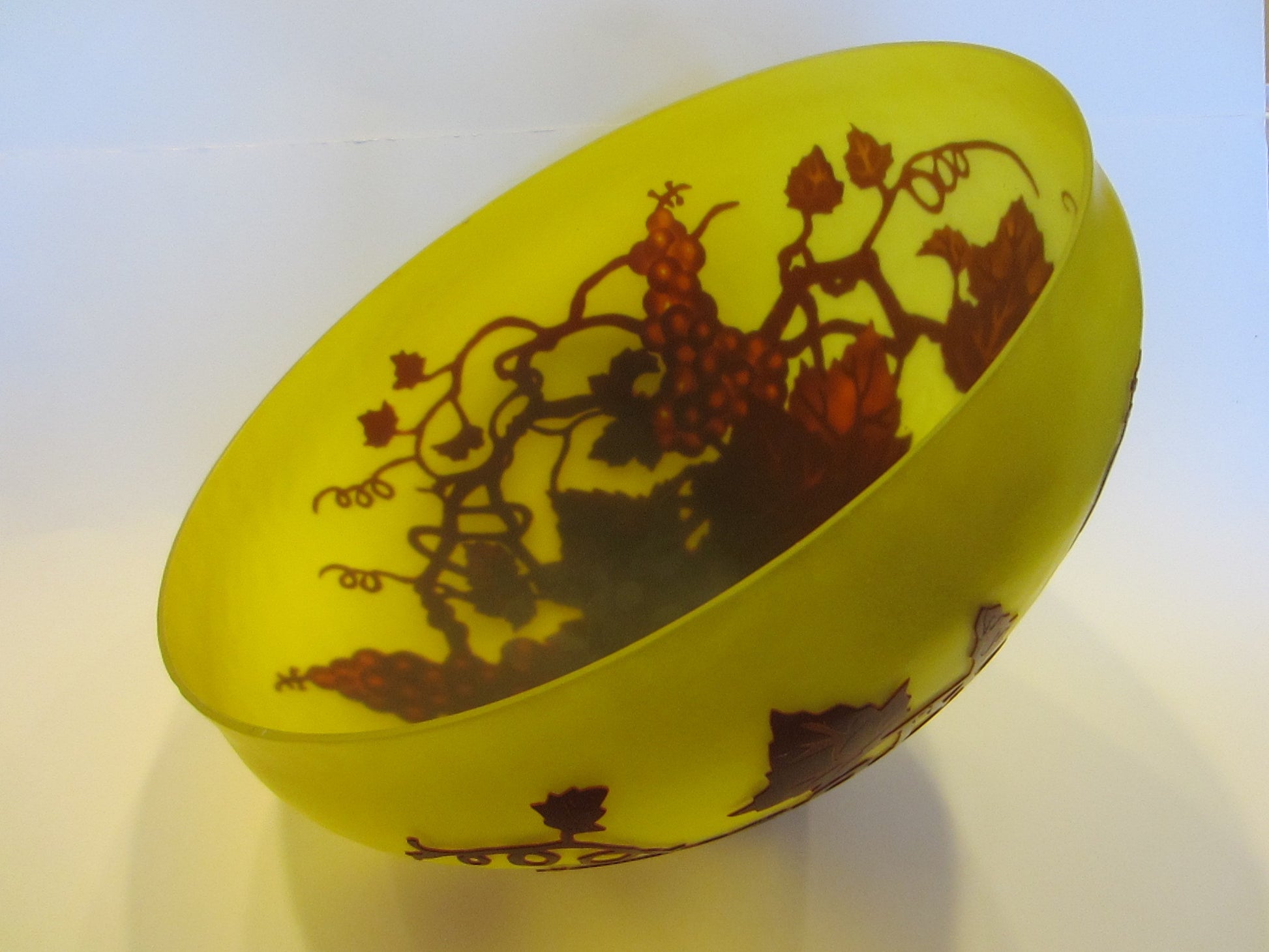 Galle Style Cameo Glass Yellow Lamp Shade Raised Burgundy Grapes - Designer Unique Finds 