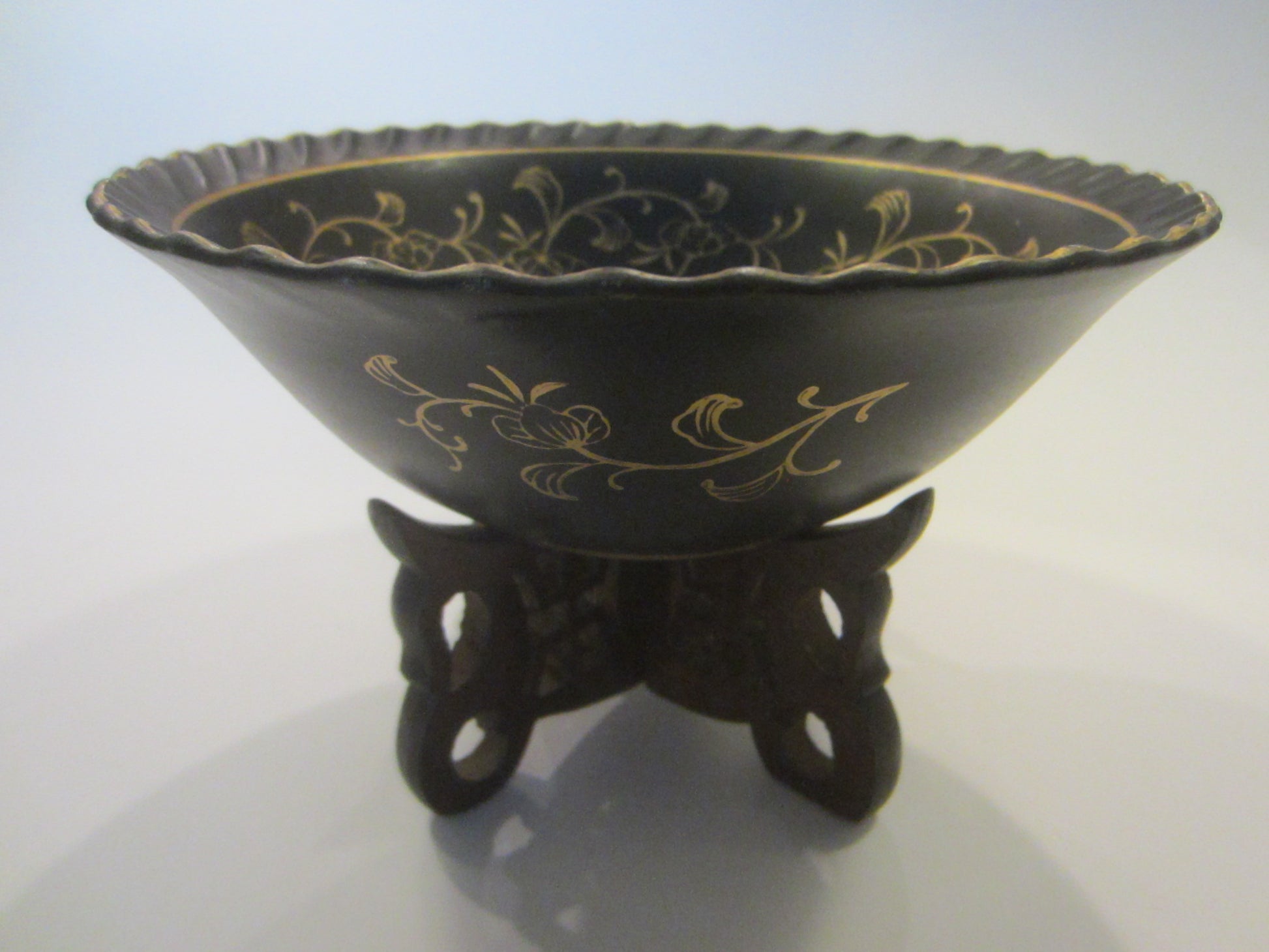 Lenvwile China Ardalt Japan Hand Painted Black Bowl Gold Flowers 