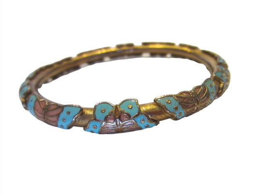 Butterfly Bangle Bracelet Decorated Blue Salmon Enameling - Designer Unique Finds 
 - 3