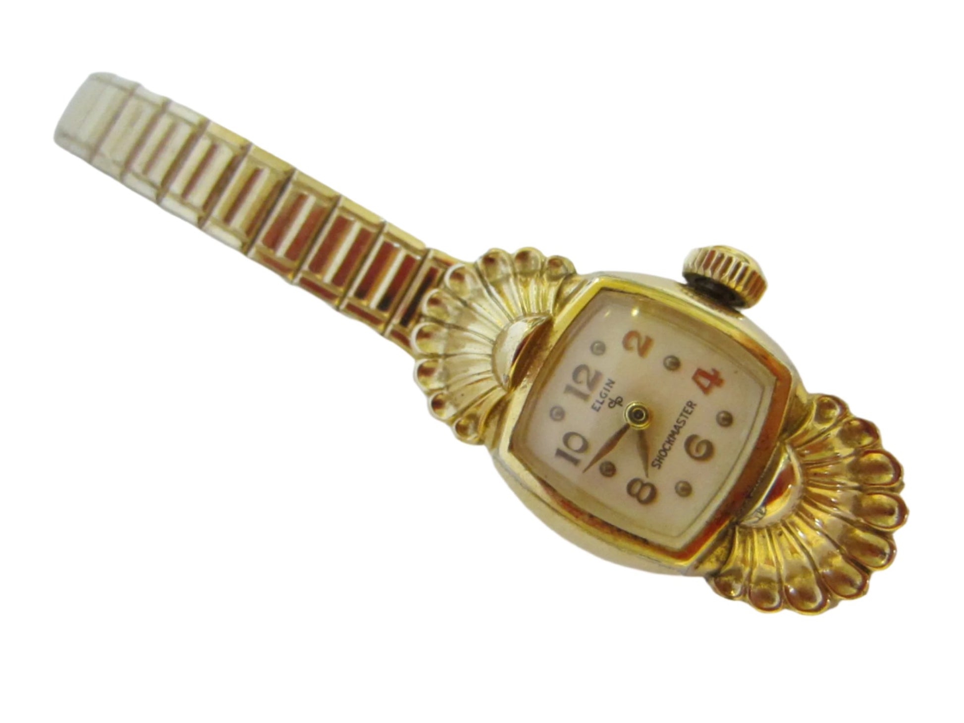 Elgin Speidel Seashell Bracelet Watch Hand Wind Gold Plated Patented - Designer Unique Finds 