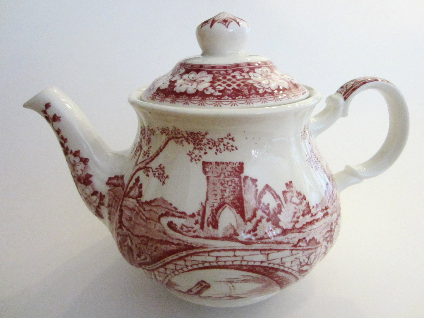 Sadler Windsor England Bisque Teapot Red Countryside Scenery - Designer Unique Finds 