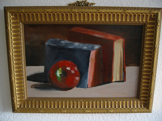 Still Life Red Apple And Books Oil On Panel - Designer Unique Finds 