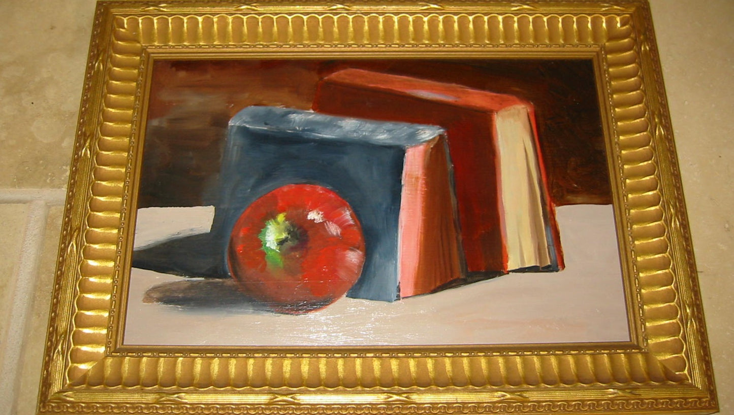 Still Life Red Apple Books Mid Century Oil On Panel Painting