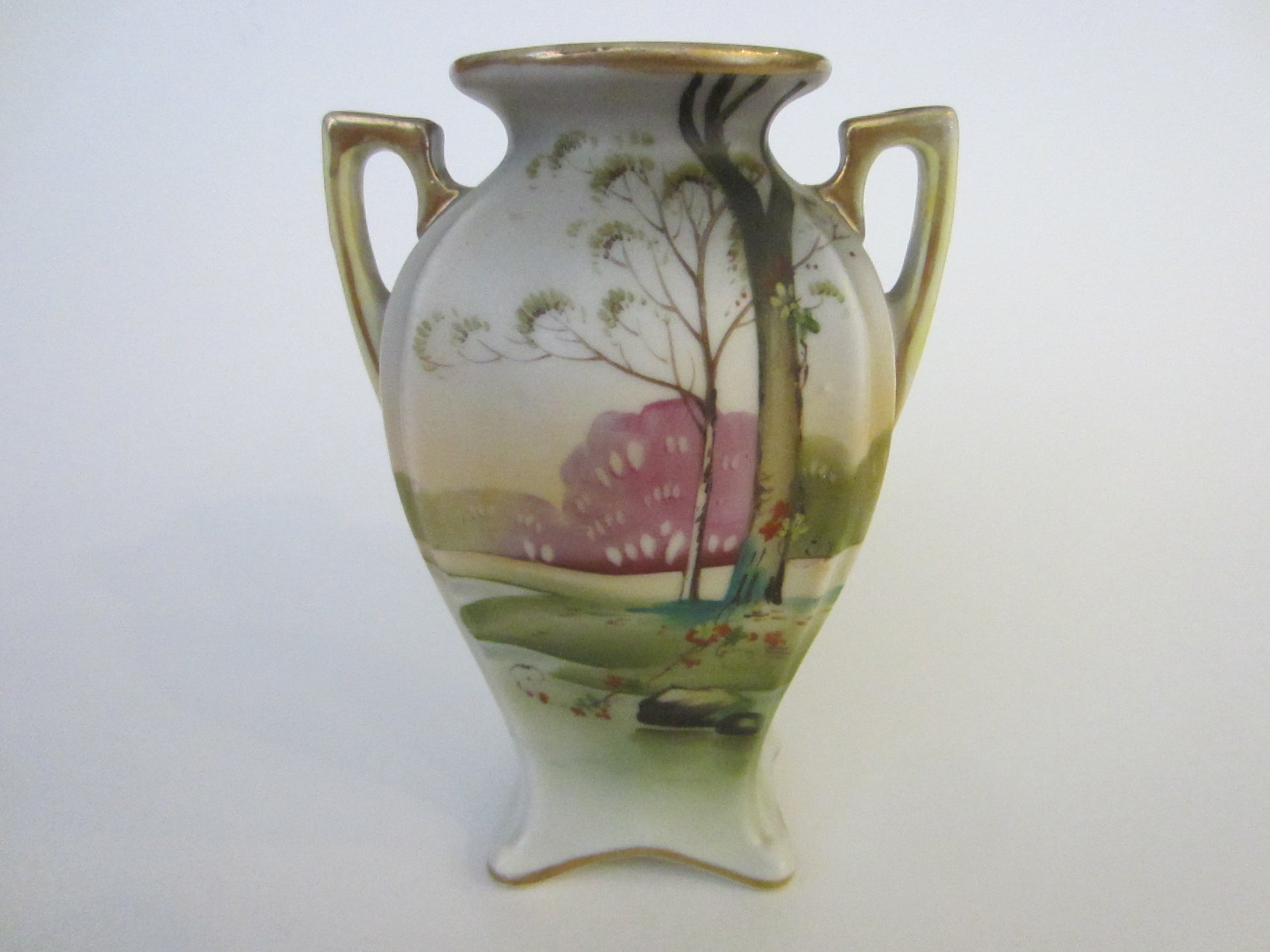 Hand Painted M Nippon Scenic Vase Gilt Handles Attributes Noritake - Designer Unique Finds 