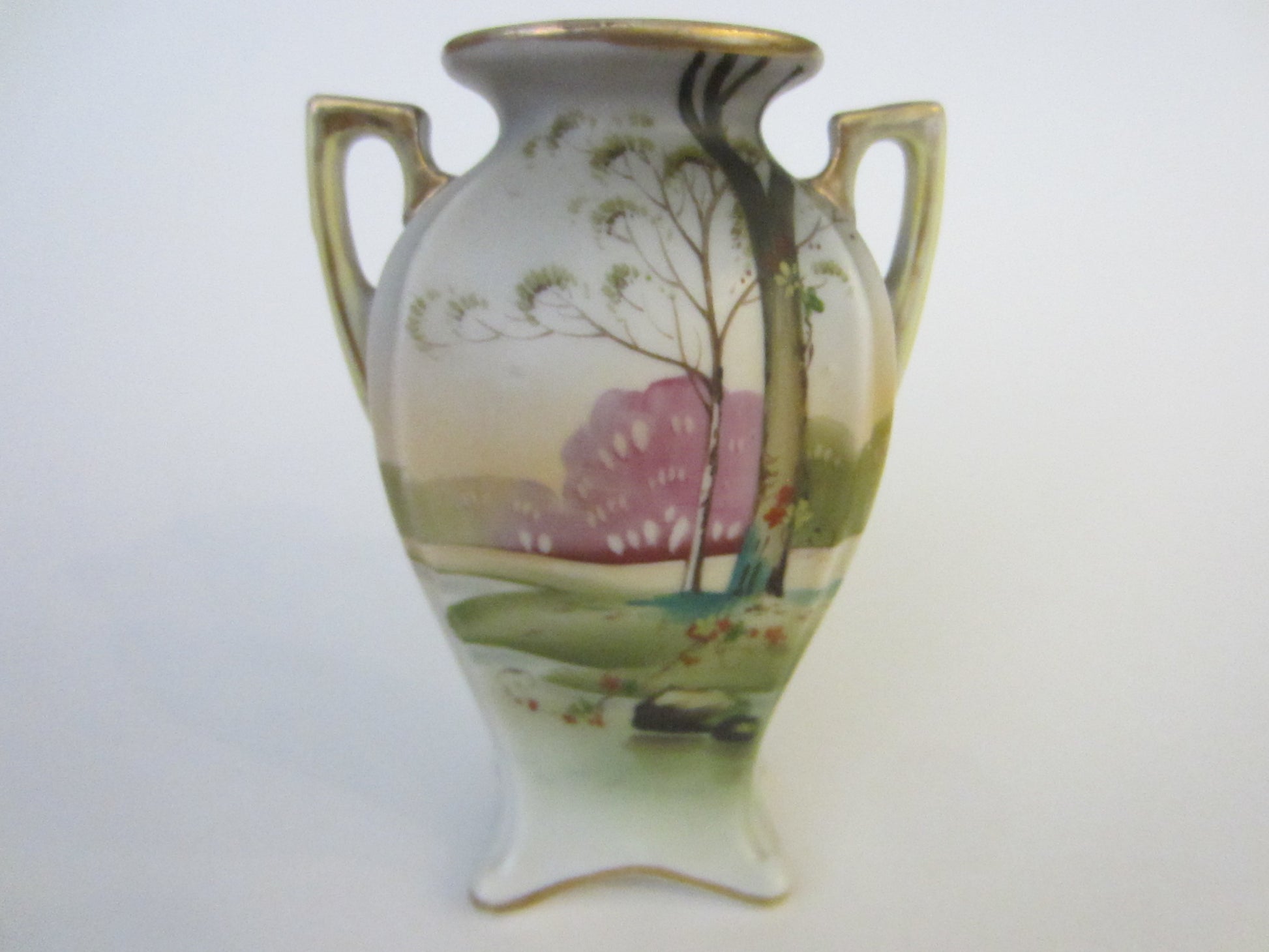 Hand Painted M Nippon Scenic Vase Gilt Handles Attributes Noritake - Designer Unique Finds 