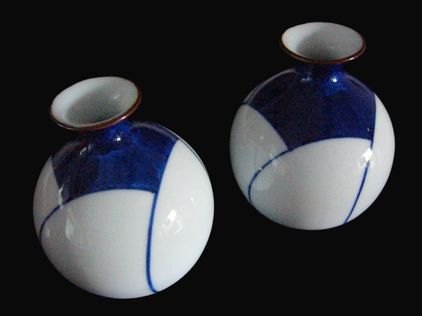 Porcelain Vases Art Deco Blue White Asian Geometric Design - Designer Unique Finds 