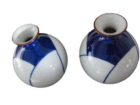 Porcelain Vases Art Deco Blue White Asian Geometric Design - Designer Unique Finds 