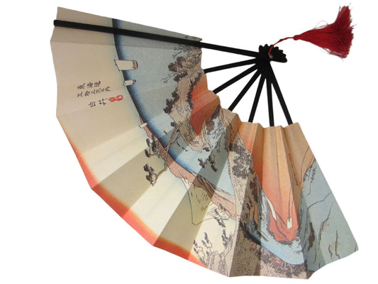 Asian Paper Fan Japanese Mountain Asian Red Tassel Calligraphy Signature - Designer Unique Finds 