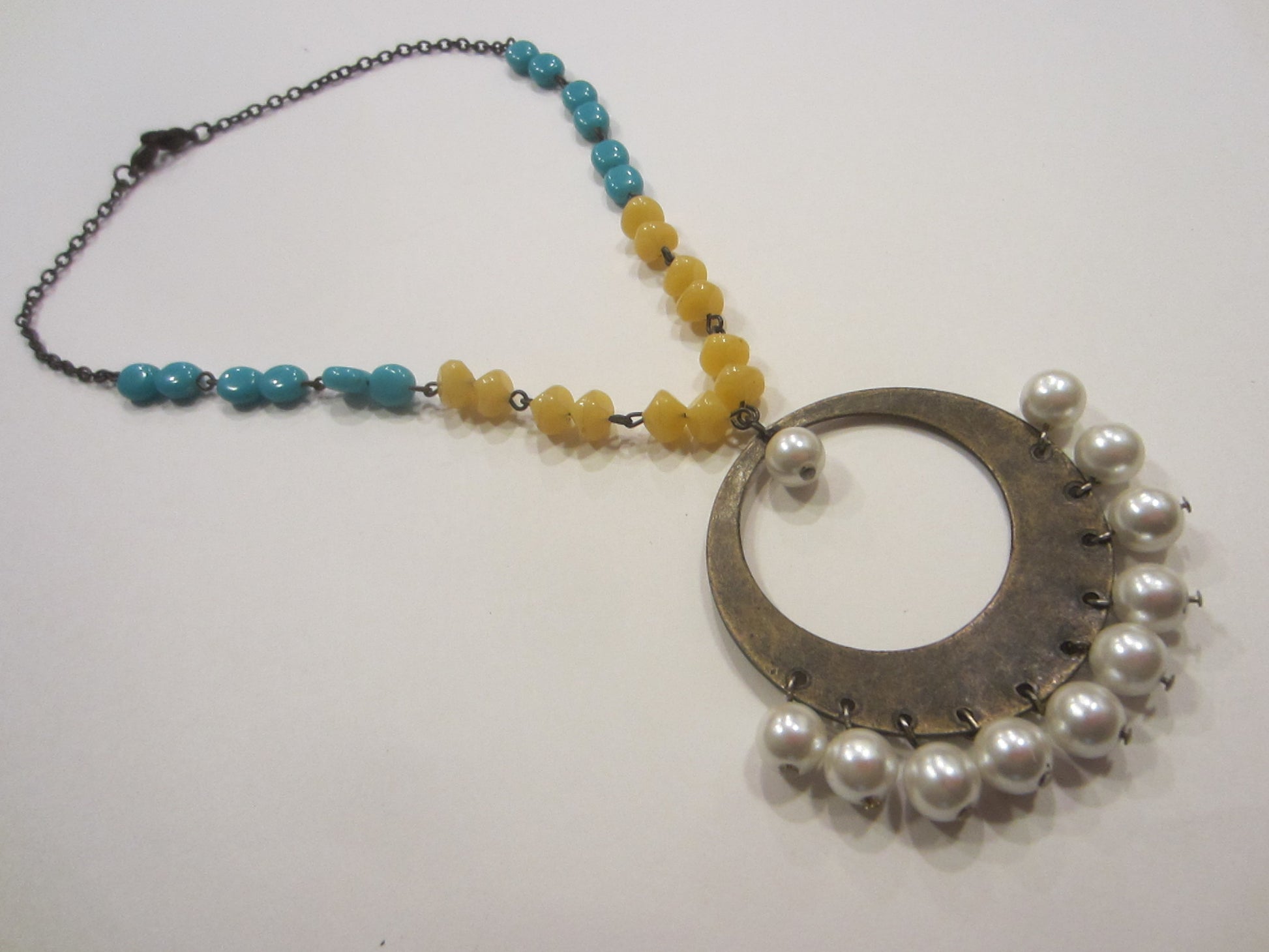 Folk Art Stylish Re Claimed Necklace Decorated Turquoise Yellow Pearl Beads