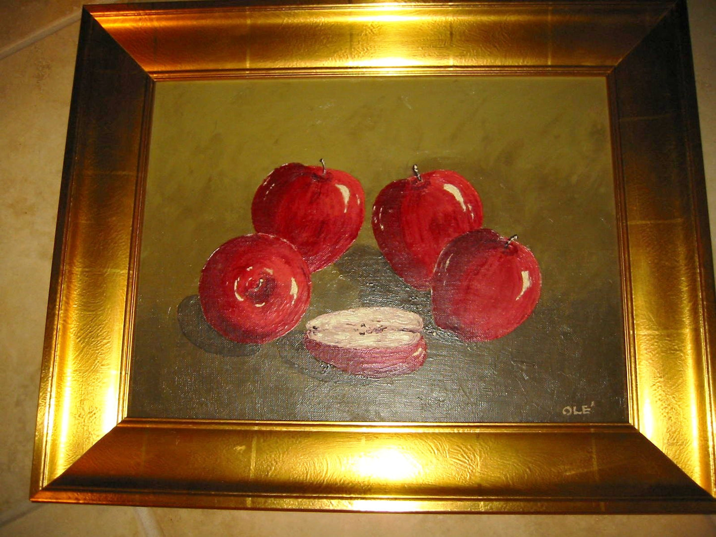 Ole Red Apples Still Life Oil On Canvas Contemporary Gilt Wood Frame - Designer Unique Finds 