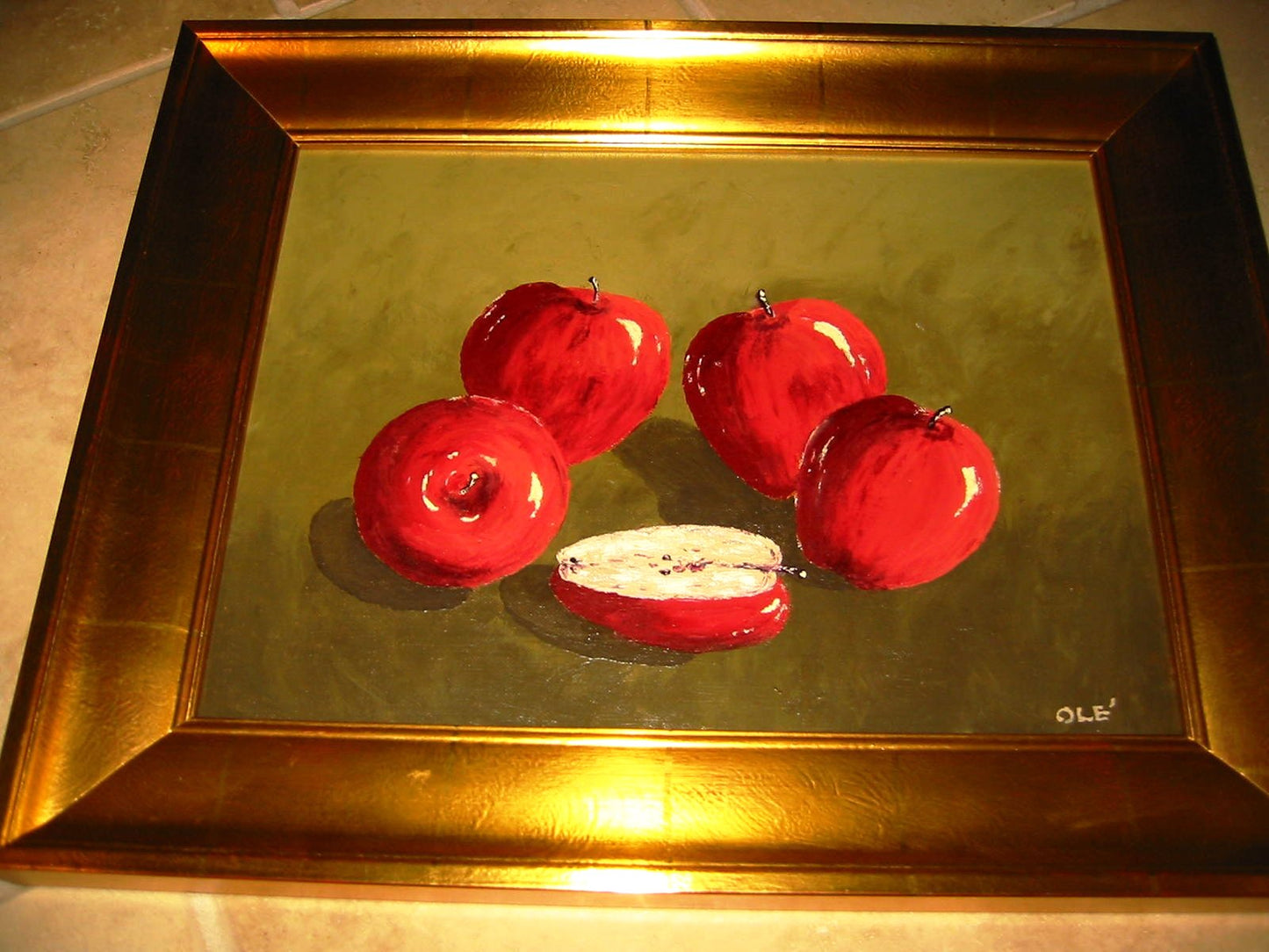 Ole Red Apples Still Life Oil On Canvas Contemporary Gilt Wood Frame - Designer Unique Finds 