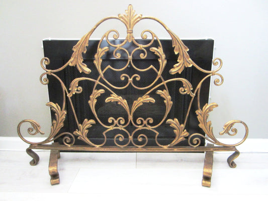 Acanthus Leaf Fireplace Screen Scrolled Crest Tole - Designer Unique Finds 