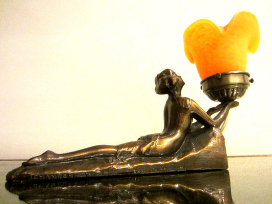 Mid Century Modern Bronze Figurative Reclining Woman Statue Table Light