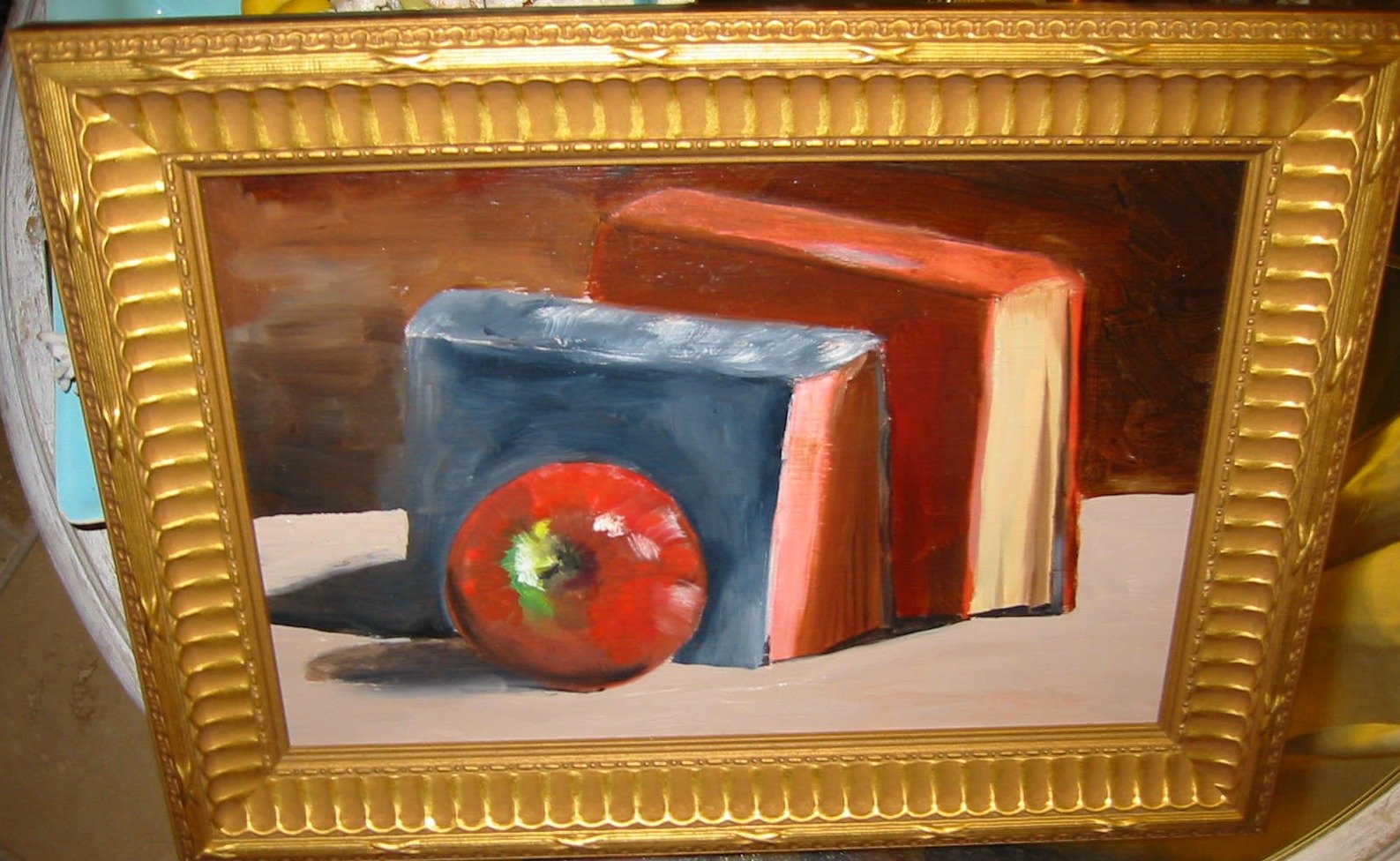 Still Life Red Apple And Books Oil On Panel - Designer Unique Finds 