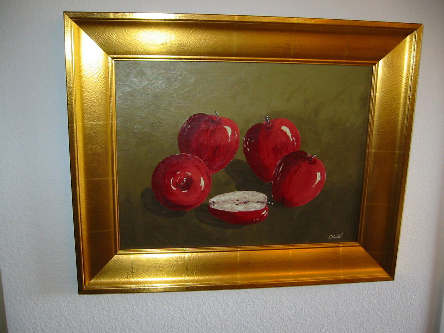 Still Life Red Apples Oil On Canvas Signed Ole Mid Century Modern Painting