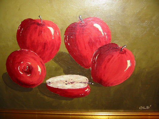 Ole Red Apples Still Life Oil On Canvas Contemporary Gilt Wood Frame - Designer Unique Finds 