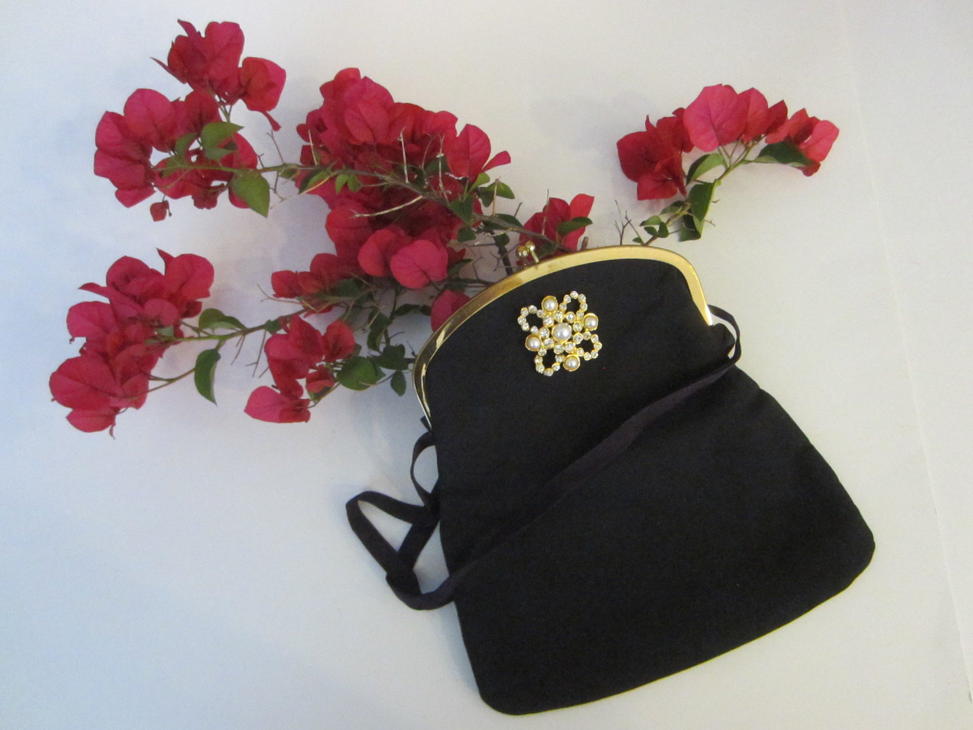 Mel Ton Navy Blue Fabric Evening Purse Brass Hardware Ball Closure - Designer Unique Finds 